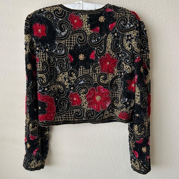 Black Beaded Jacket Long Sleeve Red Gold Embroidery Sequin Vintage Size Medium - Picture 6 of 15